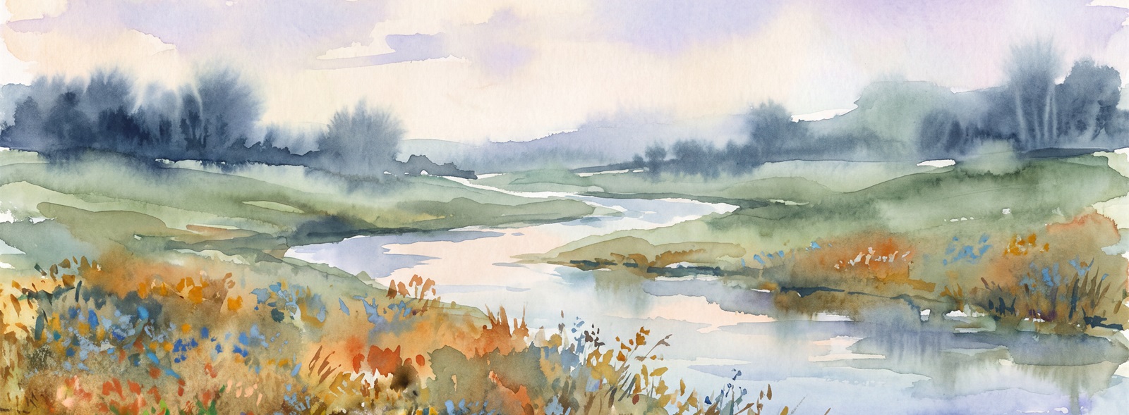 Soft Pastel And Neutral A River Landscape Wallpaper Mural Accent-wall-wallpaper-murals, Peel-and-stick Finish