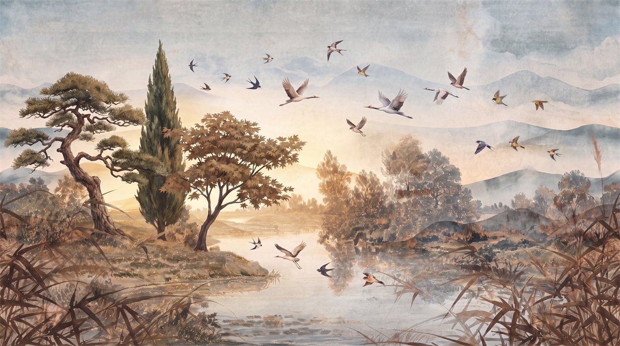 A Balanced Neutral Bird Forms Wallpaper Mural Accent-wall-wallpaper-murals, Peel-and-stick Finish