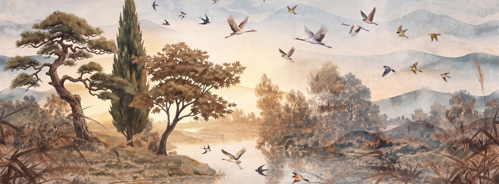 A Balanced Neutral Bird Forms Wallpaper Mural Accent-wall-wallpaper-murals, Peel-and-stick Finish