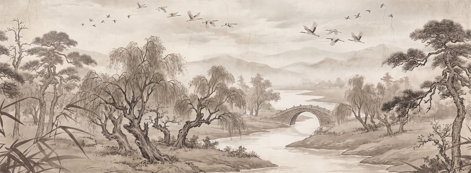Willow River And Stone Bridge Landscape Wallpaper Mural — Wallpaper Mural Design, Peel-and-stick Finish