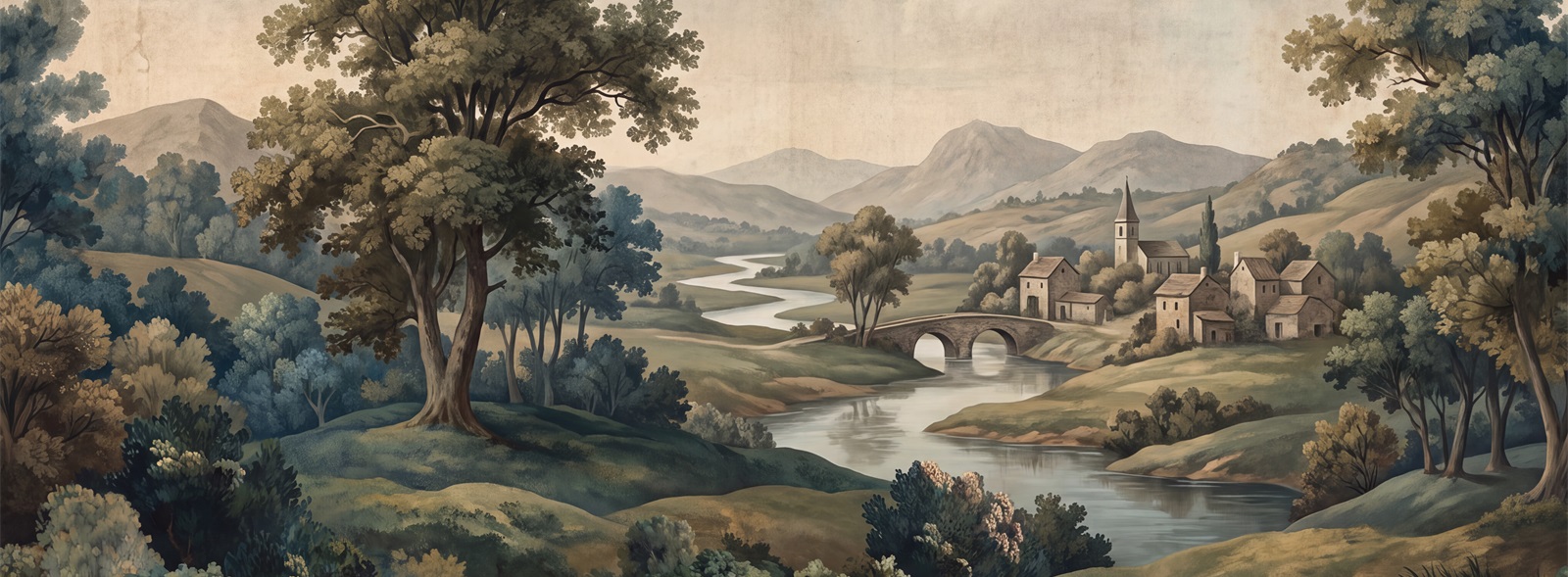 Stone Bridge And Riverside Village Landscape Wallpaper Mural — Wallpaper Mural Design, Peel-and-stick Finish