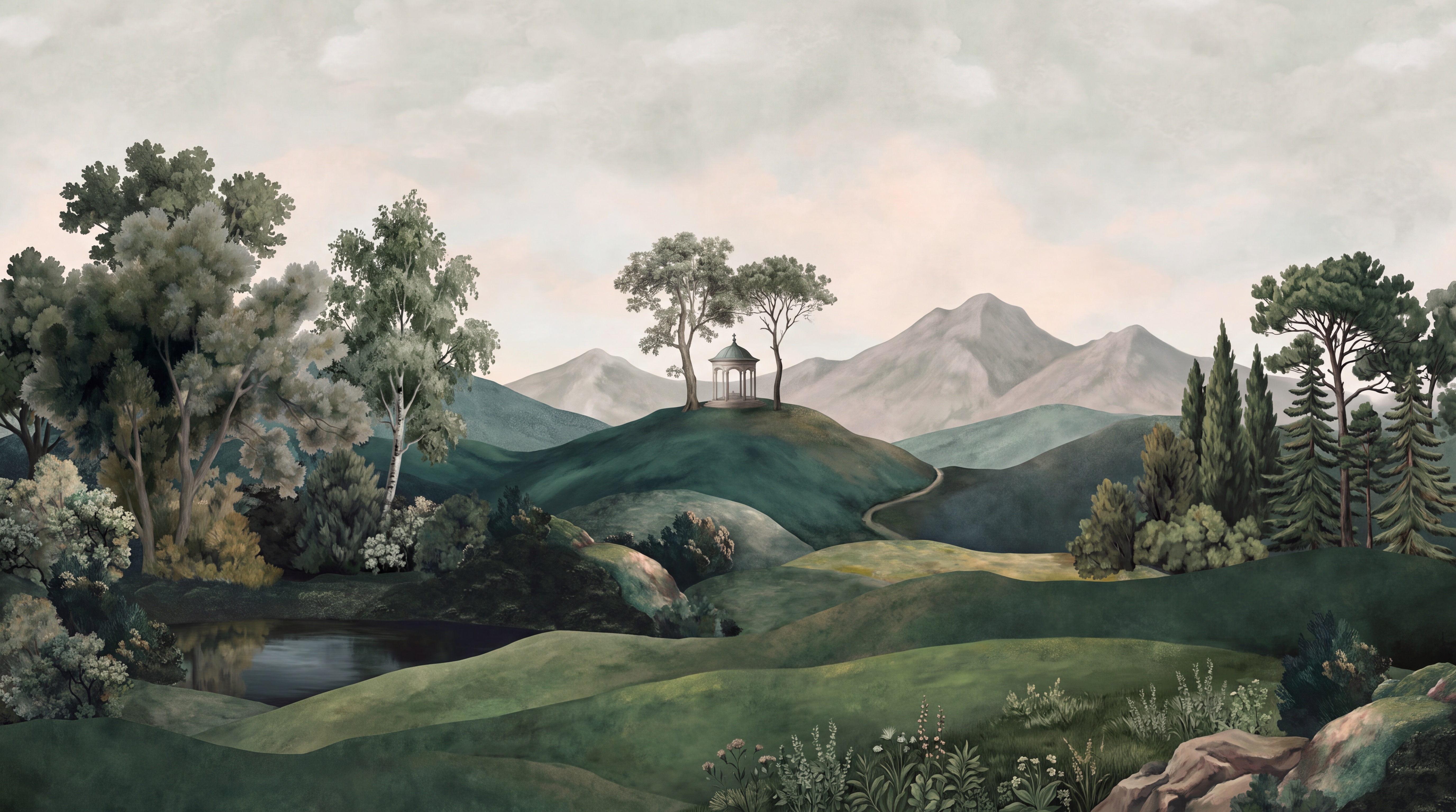 Green Abstract Forms Hills Wallpaper Mural, Peel-and-stick Finish