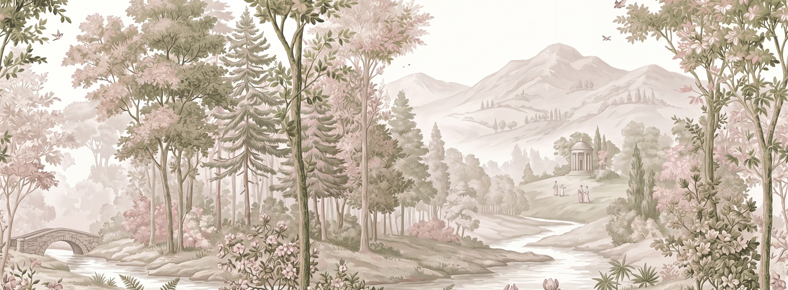 Soft Pink Woodland Stream And Blossom Trees Wallpaper Mural — Wallpaper Mural Design, Peel-and-stick Finish