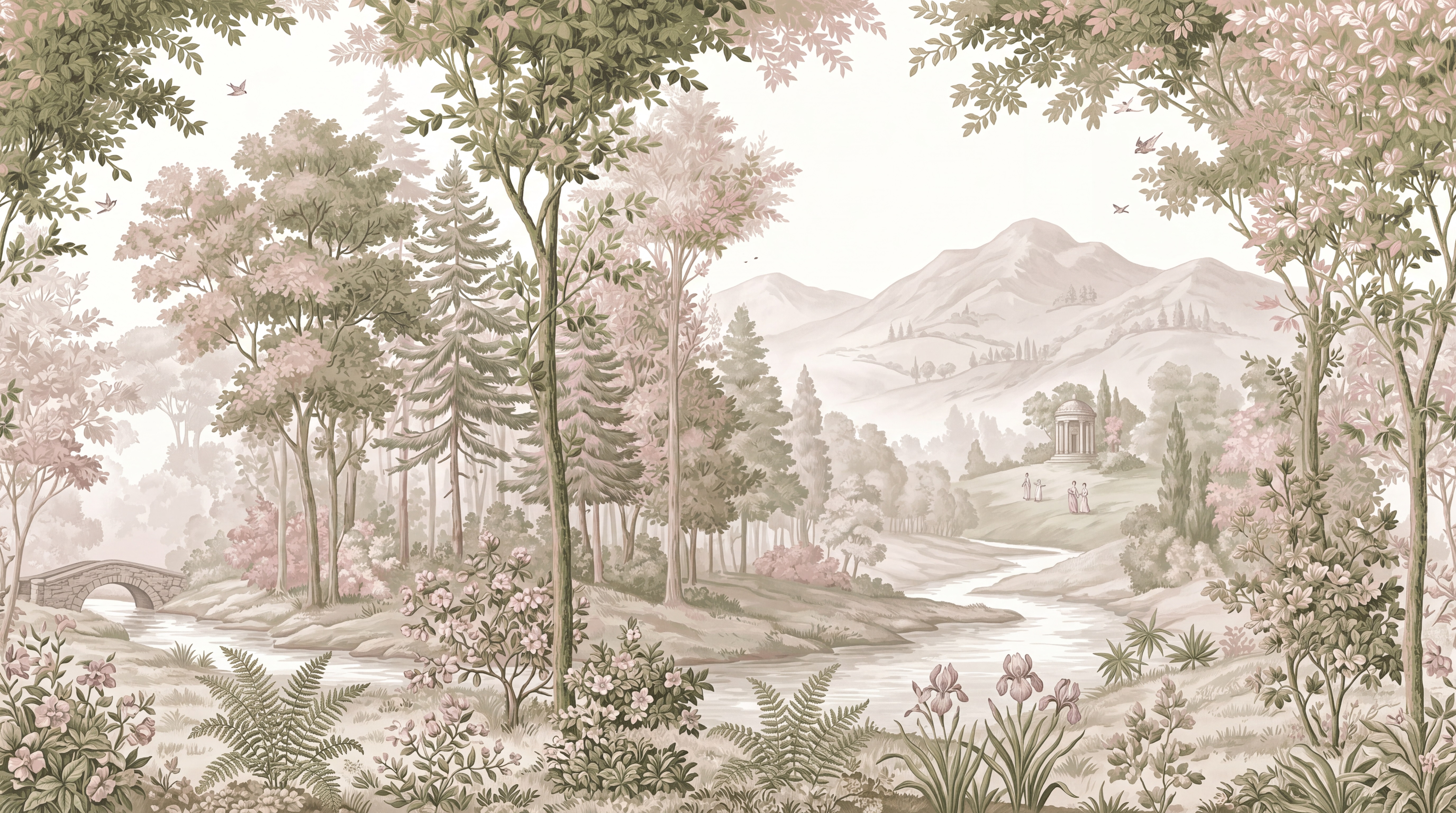 Pink Woodland Trees Wallpaper Mural, Peel-and-stick Finish
