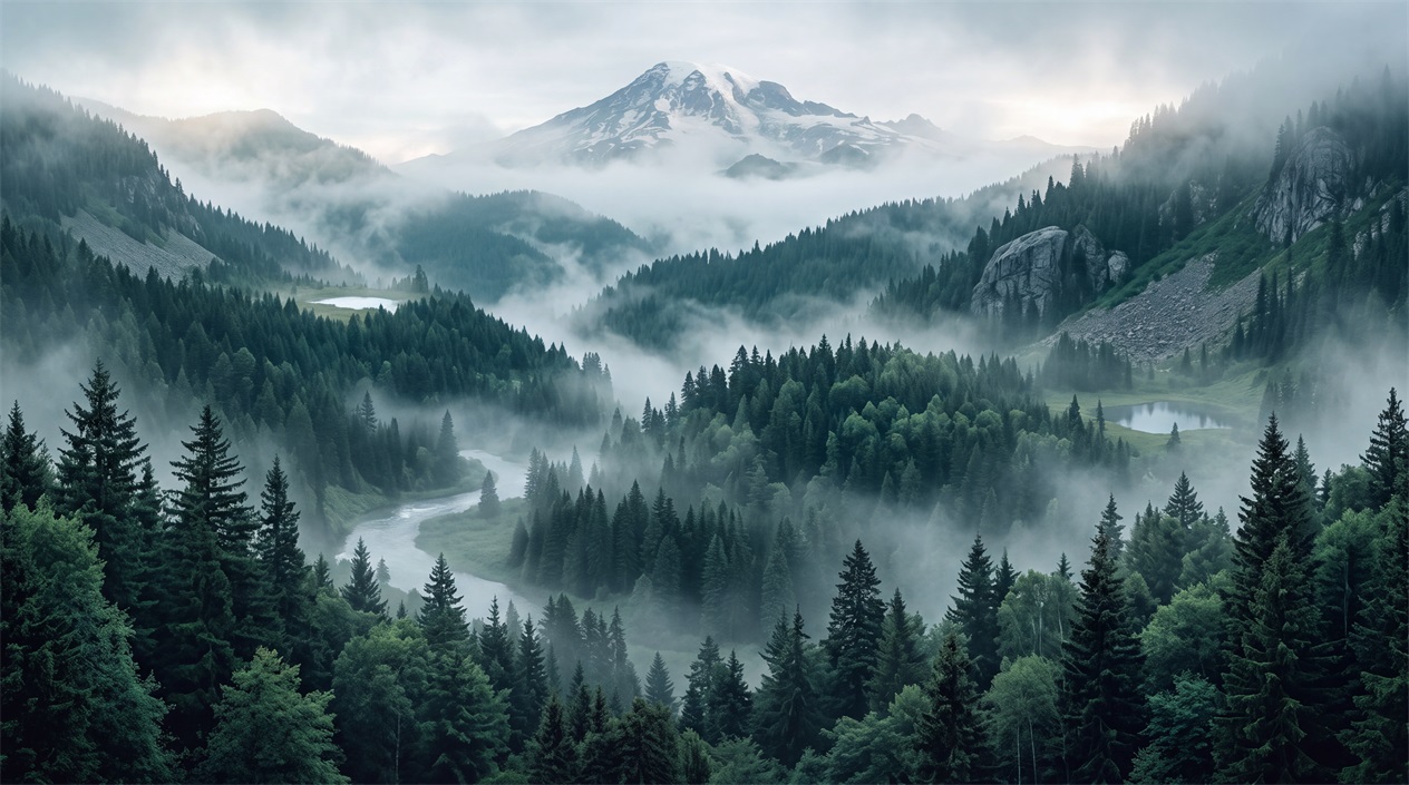 Teal Mountain Forest And Mist Wallpaper Mural — Wallpaper Mural Design, Peel-and-stick Finish