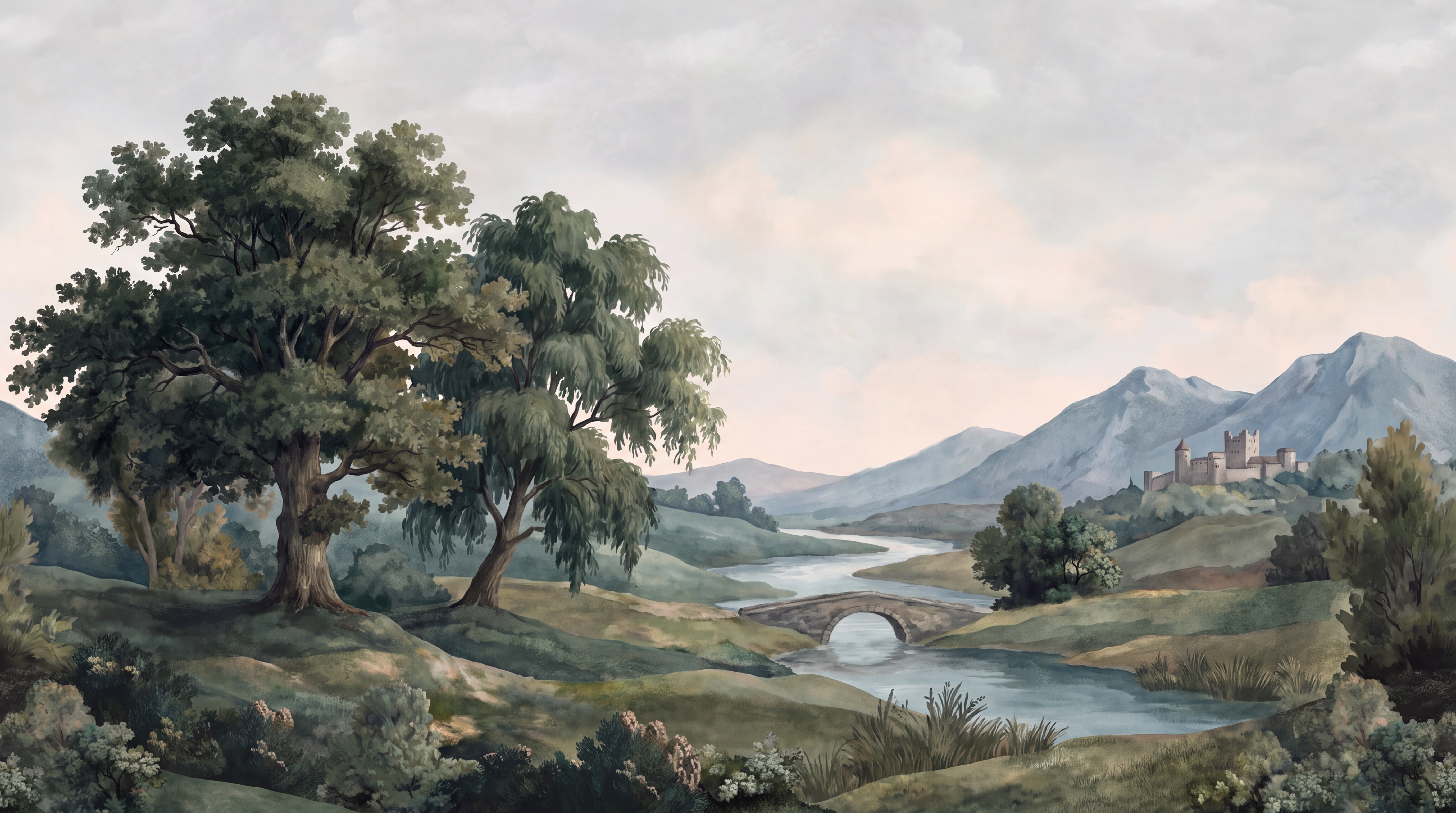 Green A River Landscape Wallpaper Mural, Peel-and-stick Finish
