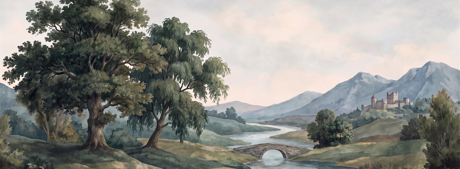 Green A River Landscape Wallpaper Mural Accent-wall-wallpaper-murals, Peel-and-stick Finish