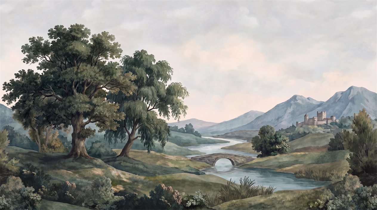 Green A River Landscape Wallpaper Mural Accent-wall-wallpaper-murals, Peel-and-stick Finish