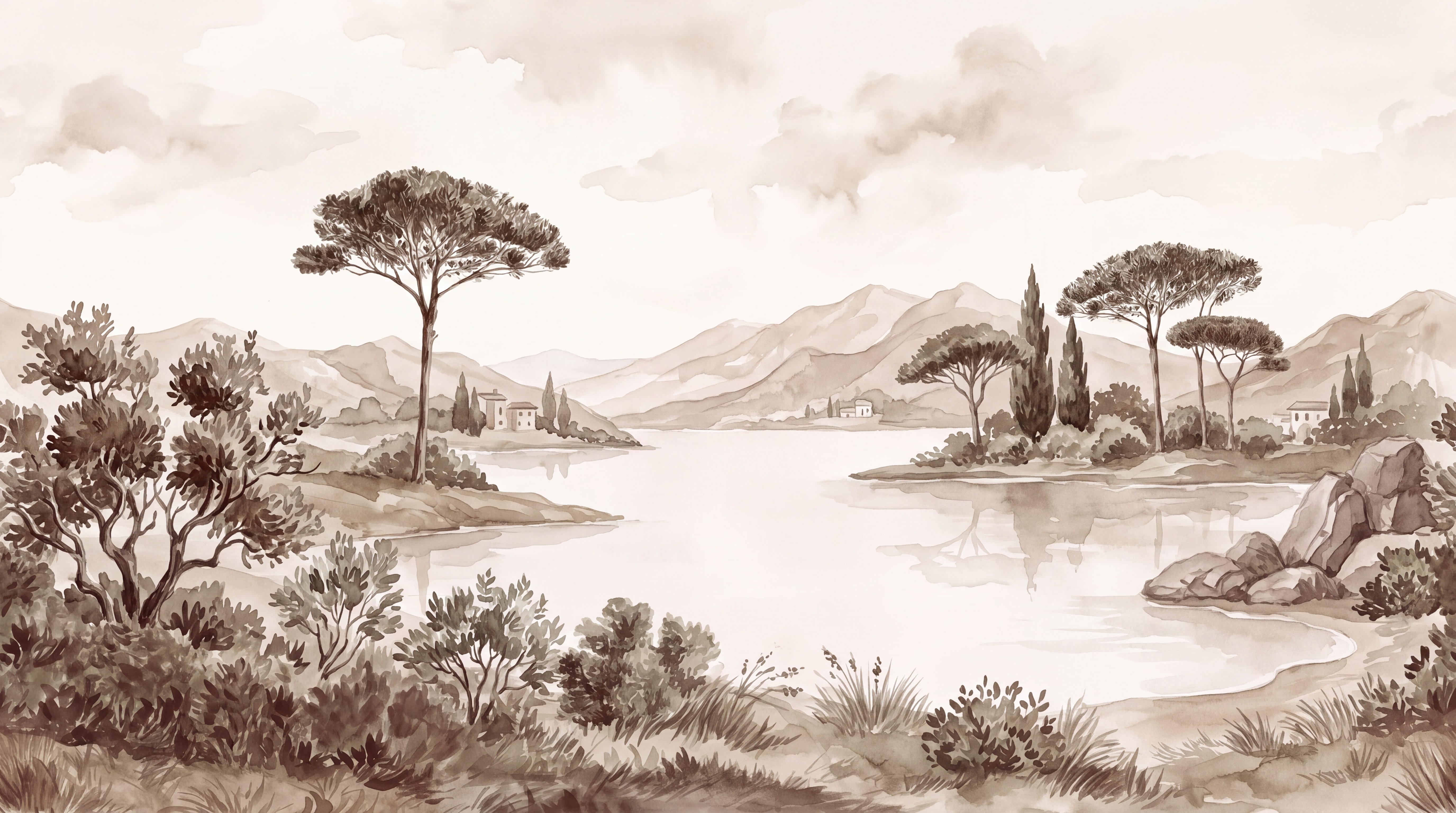 Neutral A Lakeside View Wallpaper Mural Accent-wall-wallpaper-murals, Peel-and-stick Finish