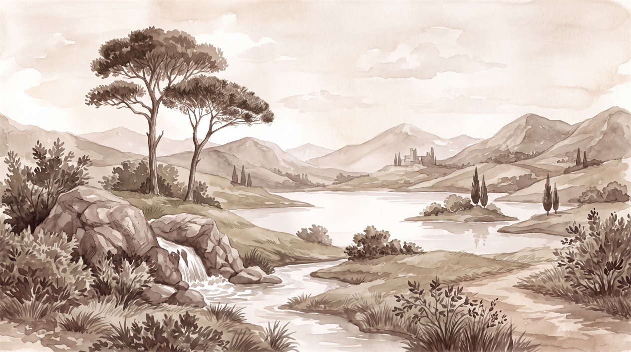 Taupe Lake, Rocks And Umbrella Pines Wallpaper Mural — Wallpaper Mural Design, Peel-and-stick Finish