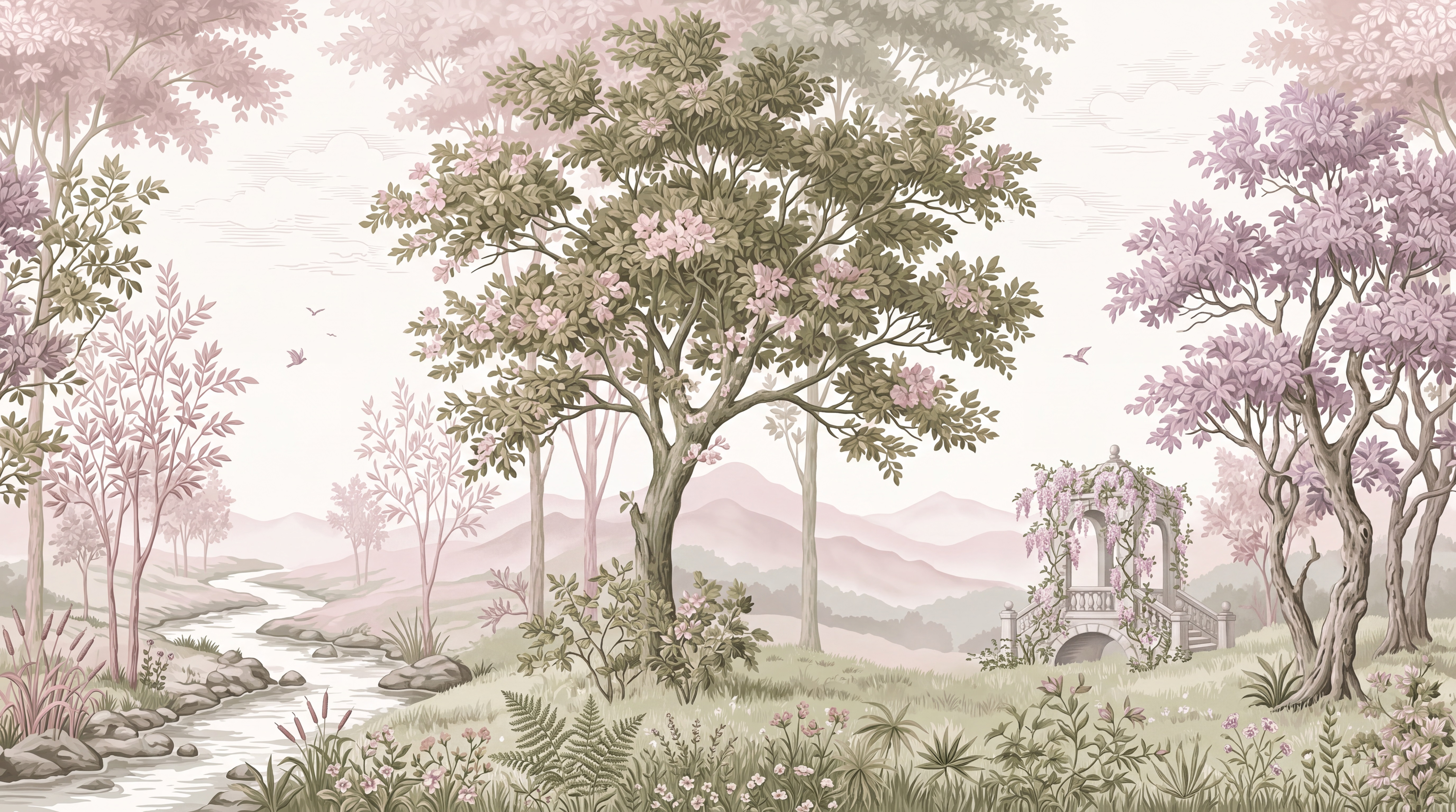Pink Blossom Branches Wallpaper Mural, Peel-and-stick Finish