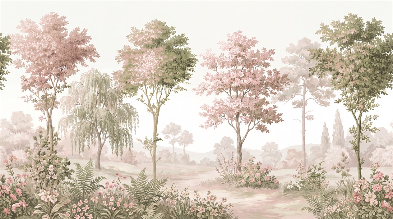 Pink And Soft Pastel Tree Silhouettes Wallpaper Mural Accent-wall-wallpaper-murals, Peel-and-stick Finish