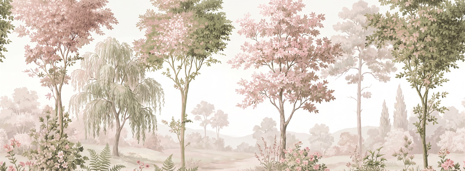 Pink And Soft Pastel Tree Silhouettes Wallpaper Mural Accent-wall-wallpaper-murals, Peel-and-stick Finish
