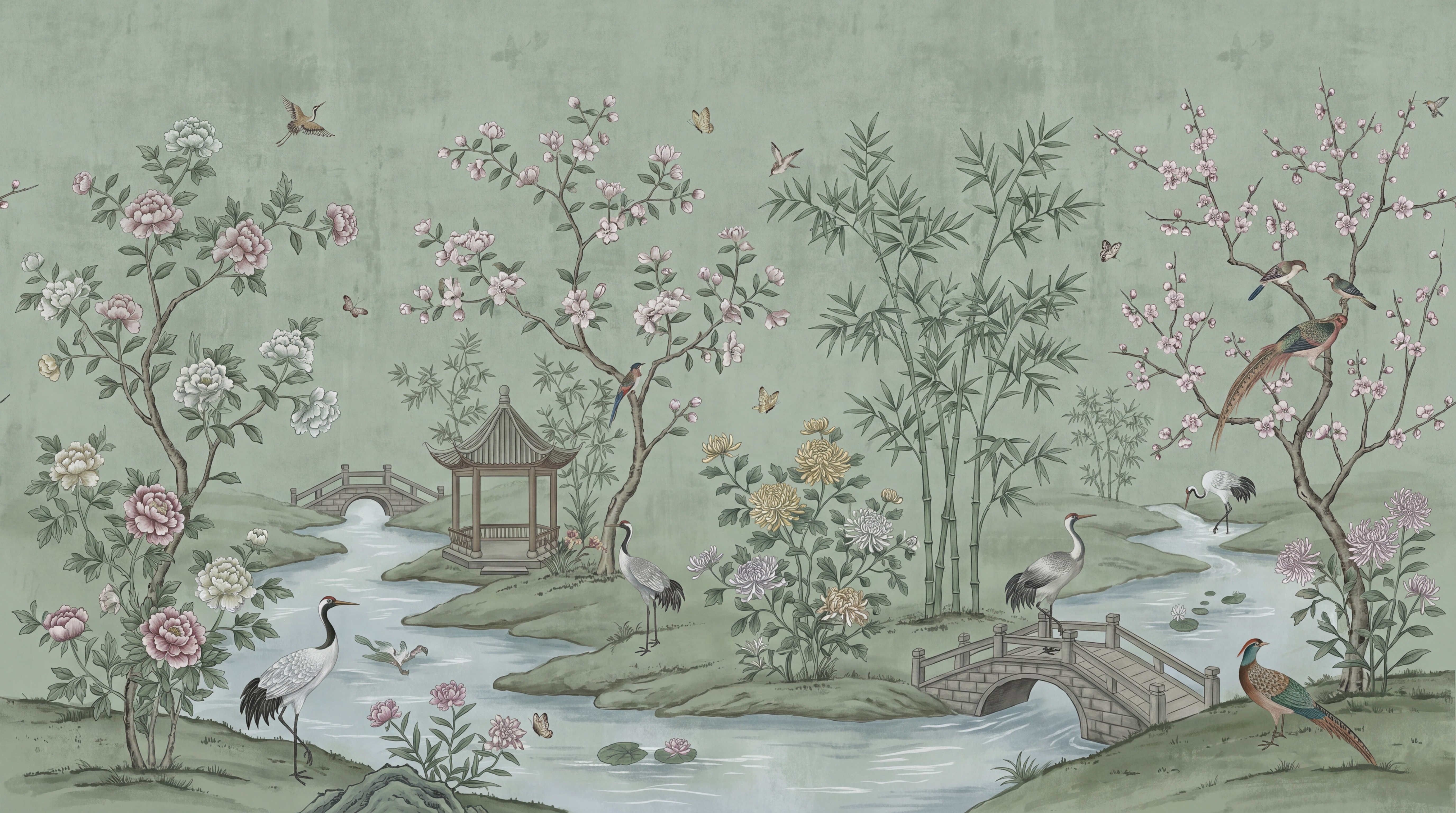 Green Abstract Forms Wallpaper Mural Layered Atmospheric Wallpaper Mural, Peel-and-stick Finish