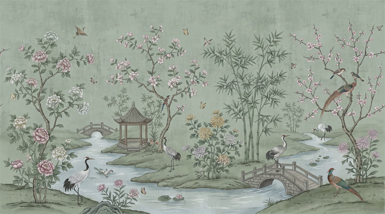 Green Abstract Forms Wallpaper Mural Layered Atmospheric Wallpaper Mural Feature-wall-wallpaper-murals, Peel-and-stick Finish