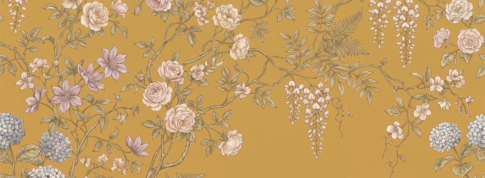 Mustard Ground Rose And Wisteria Wallpaper — Wallpaper Mural Design, Peel-and-stick Finish