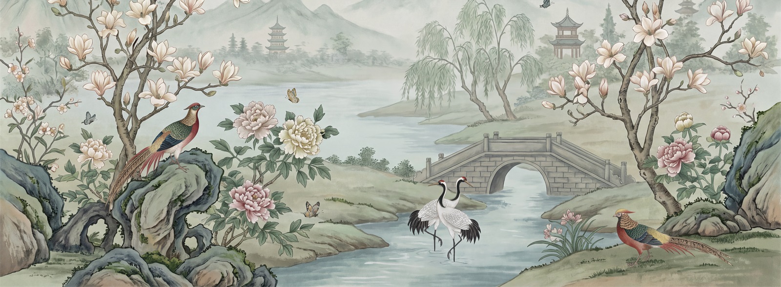 Magnolia Lake And Cranes Sage Wallpaper Mural — Wallpaper Mural Design, Peel-and-stick Finish