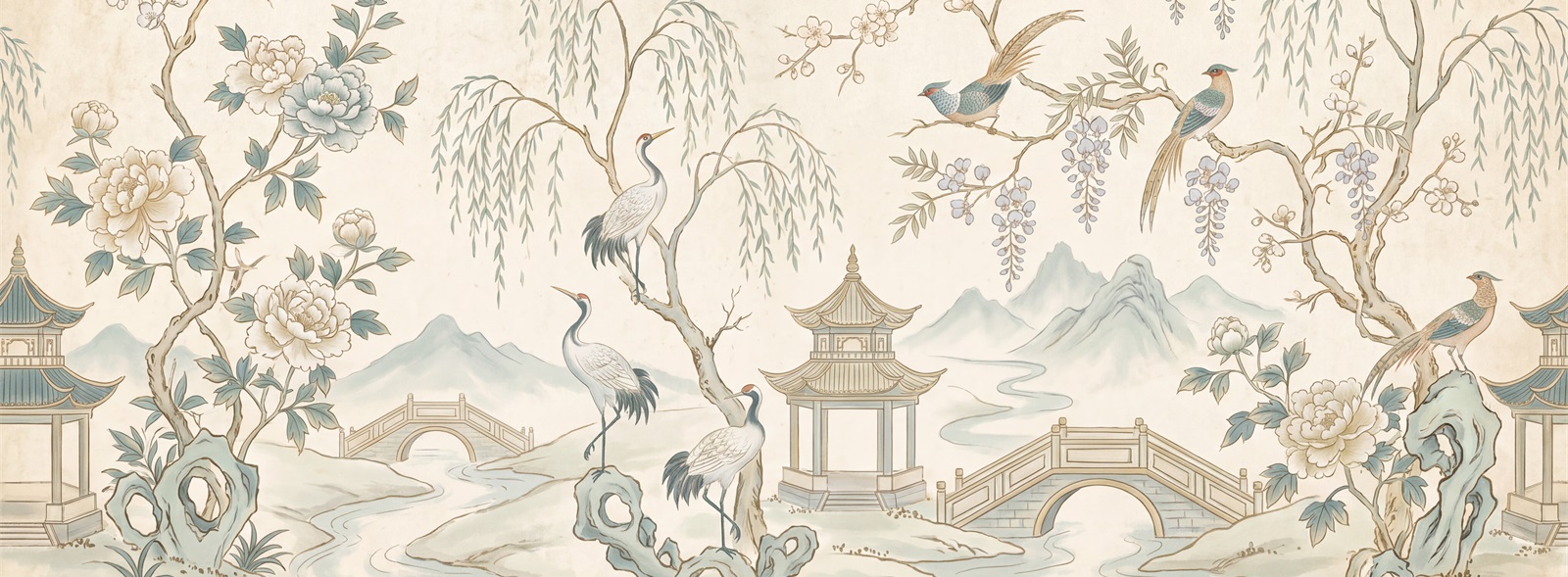 Ivory And Red Decorative Patterning Willow Wallpaper Mural Accent-wall-wallpaper-murals, Peel-and-stick Finish