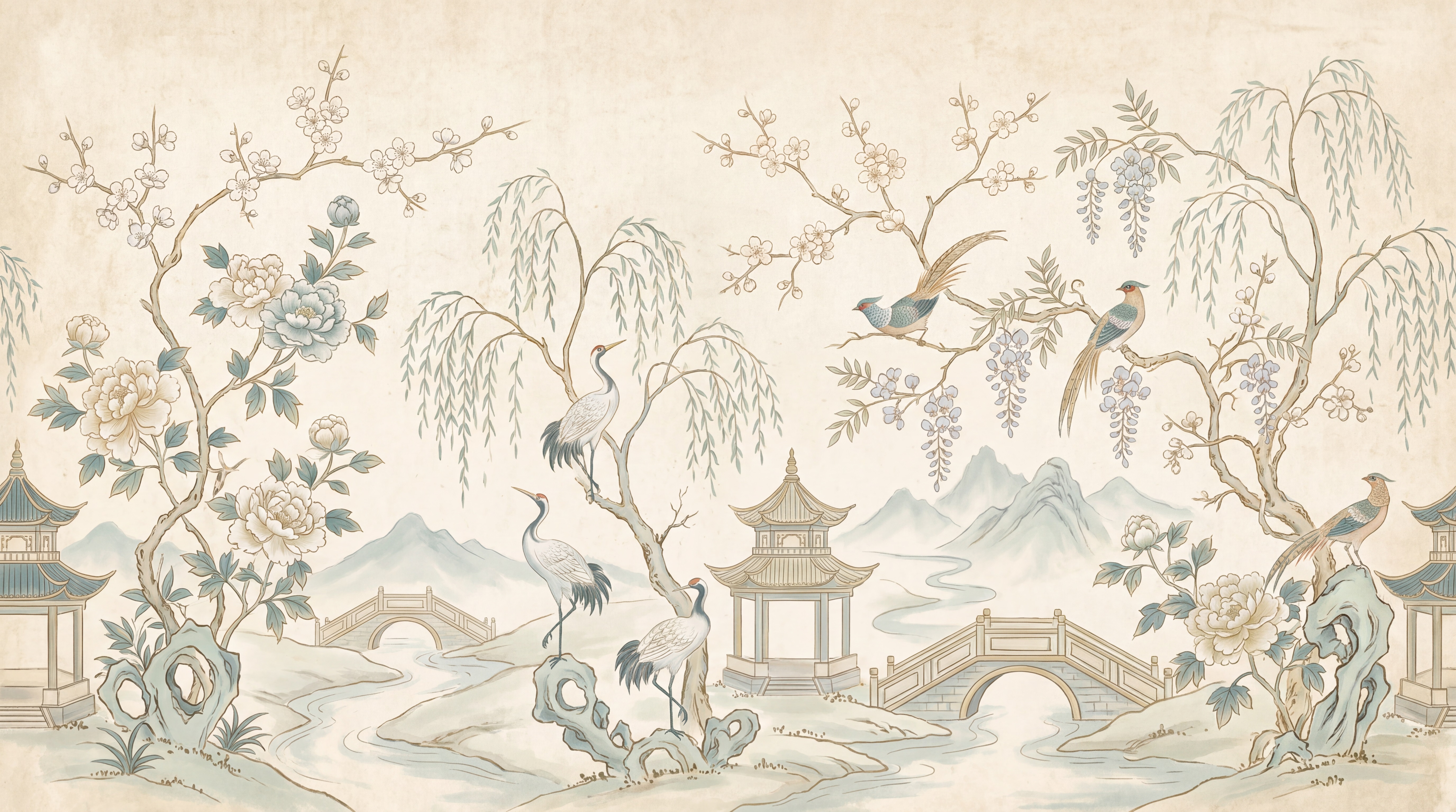 Ivory And Red Decorative Patterning Willow Wallpaper Mural Accent-wall-wallpaper-murals, Peel-and-stick Finish