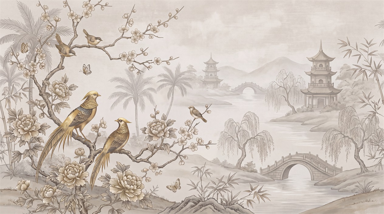 A Balanced Neutral Pagoda Architecture Wallpaper Mural Feature-wall-wallpaper-murals, Peel-and-stick Finish