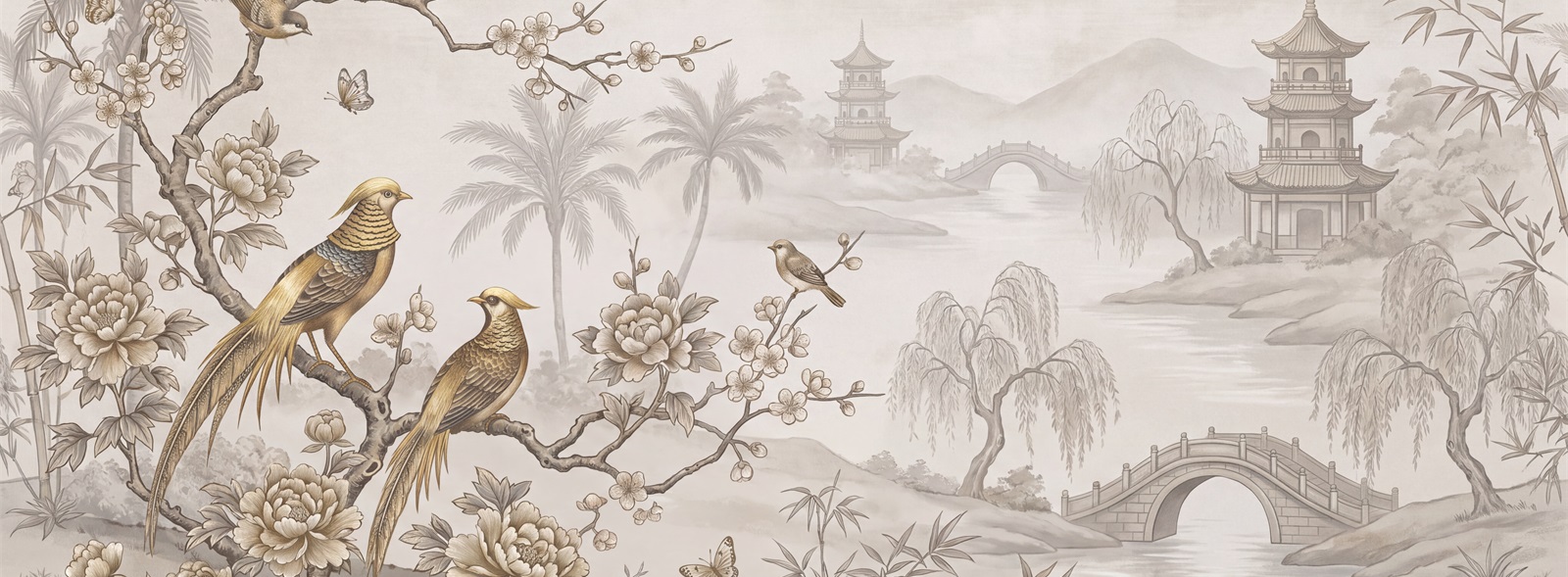 A Balanced Neutral Pagoda Architecture Wallpaper Mural Feature-wall-wallpaper-murals, Peel-and-stick Finish