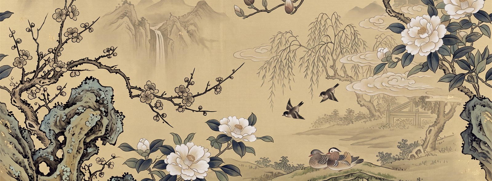 Golden Ink Landscape With Blossoms And Mountain Pavilion Wallpaper Mural — Wallpaper Mural Design, Peel-and-stick Finish