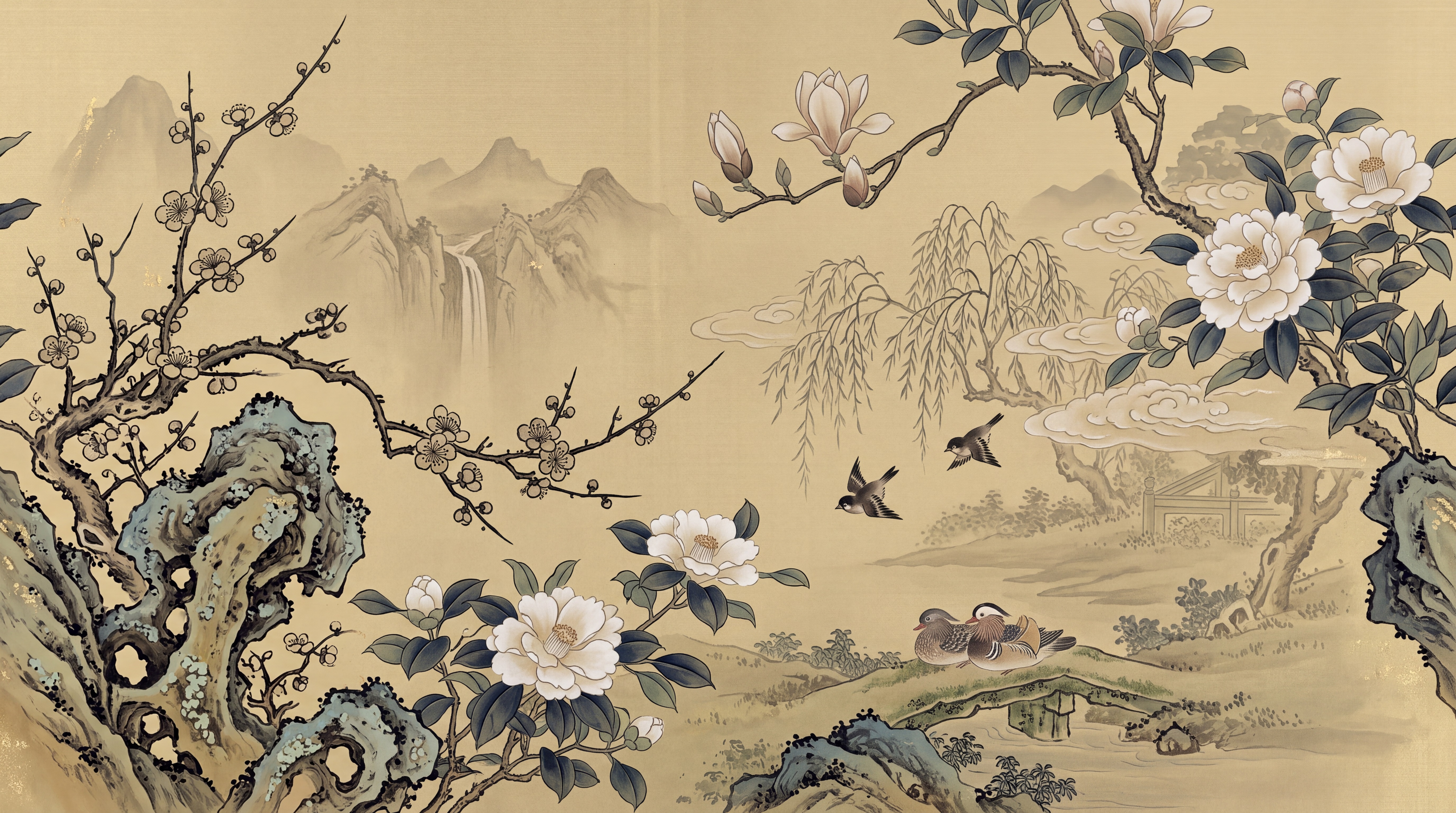 Gold Floral Forms Wallpaper Mural, Peel-and-stick Finish