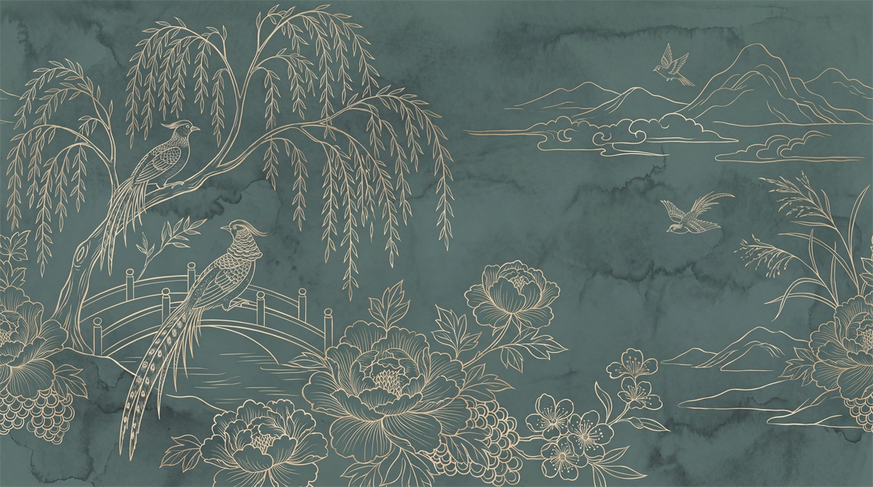 Teal Decorative Patterning Wallpaper Mural Accent-wall-wallpaper-murals, Peel-and-stick Finish