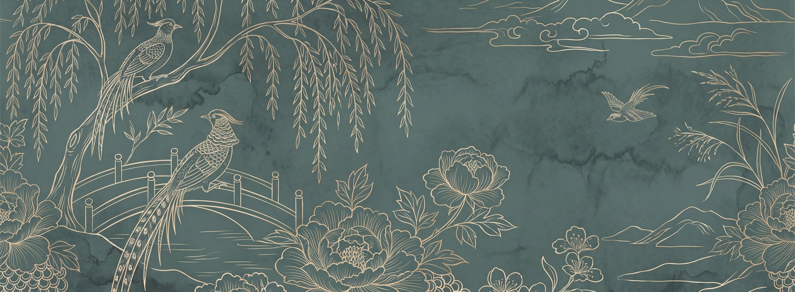 Teal Willow And Water Ink Landscape Wallpaper Mural — Wallpaper Mural Design, Peel-and-stick Finish