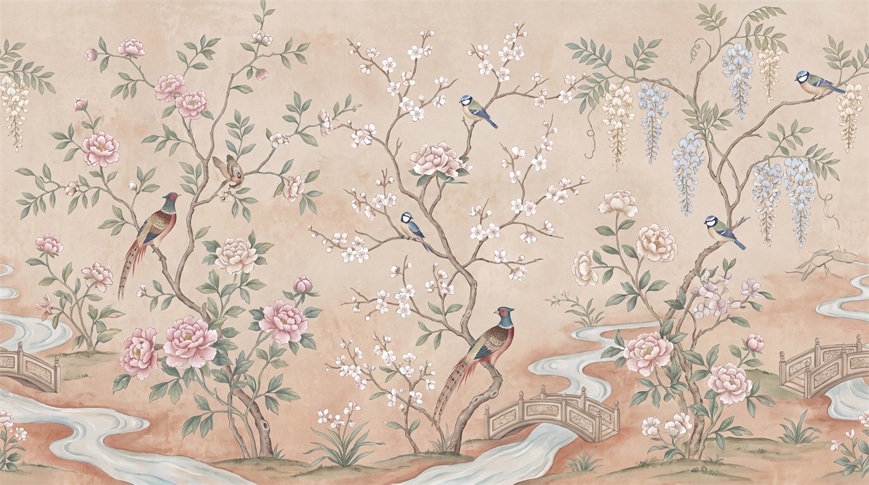 Blush Floral Patterning Wallpaper Mural Feature-wall-wallpaper-murals, Peel-and-stick Finish