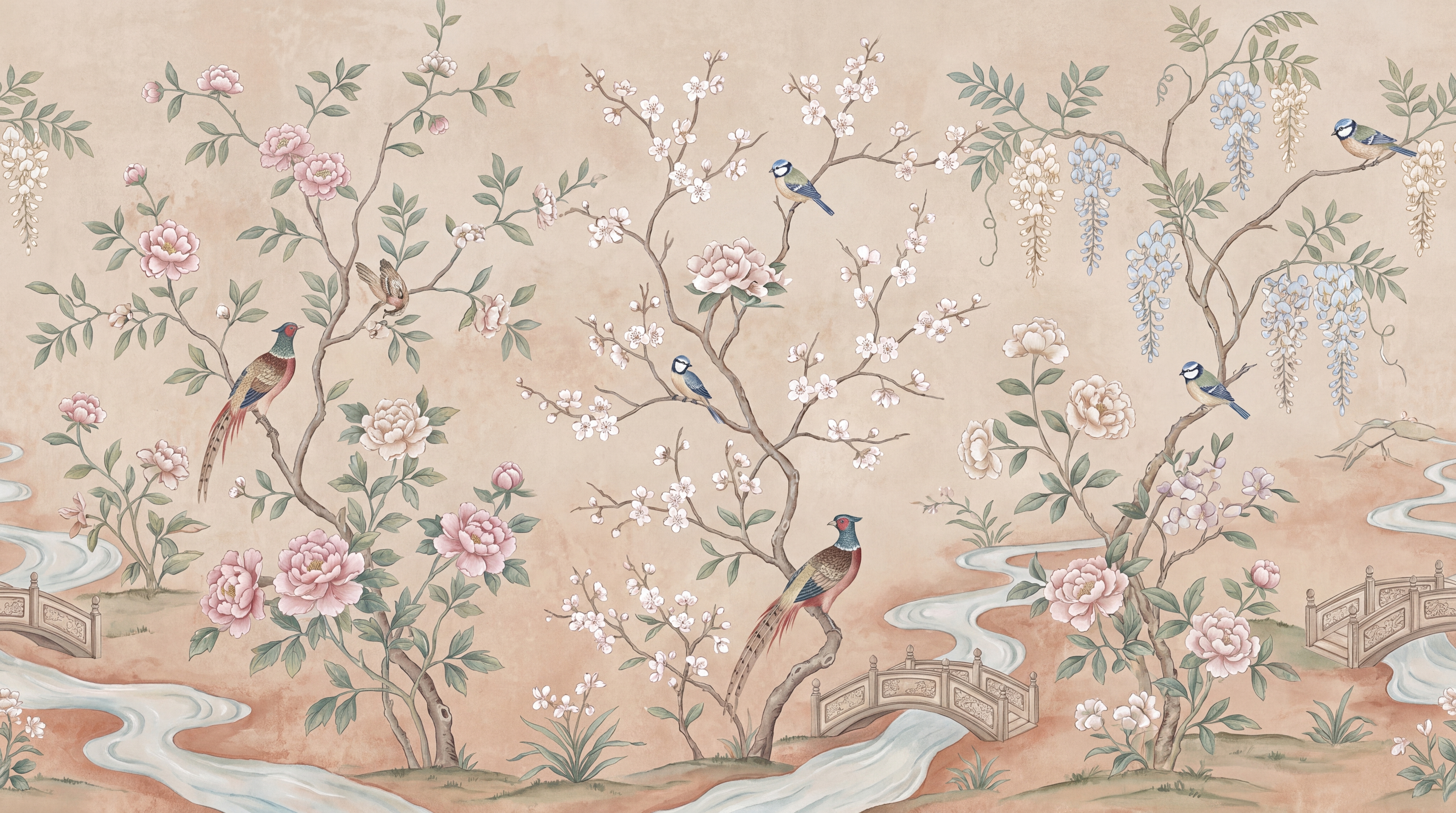 Blush Floral Patterning Wallpaper Mural Accent-wall-wallpaper-murals, Peel-and-stick Finish