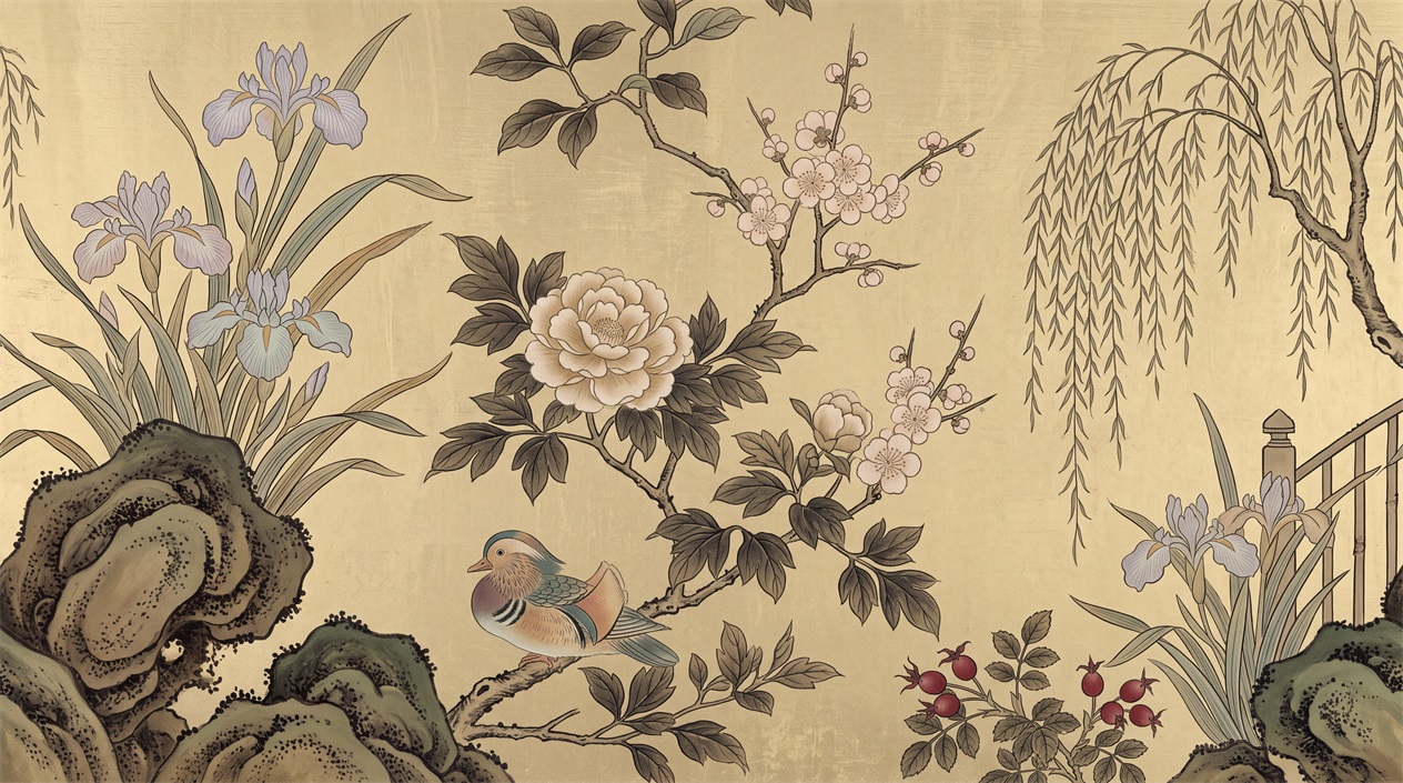 Gold Abstract Forms Painterly Wallpaper Mural Feature-wall-wallpaper-murals, Peel-and-stick Finish