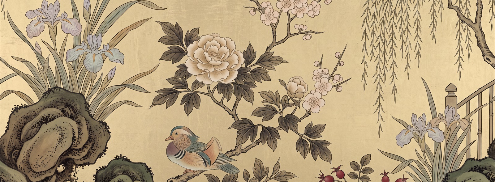 Golden Iris And Peony Garden Wallpaper Mural — Wallpaper Mural Design, Peel-and-stick Finish