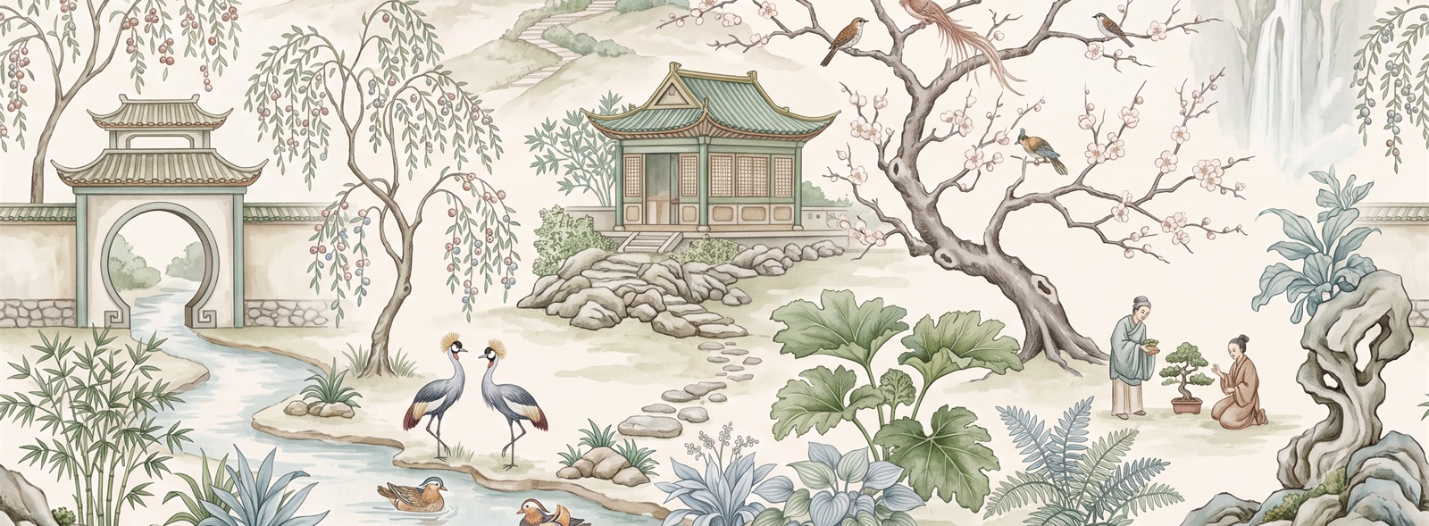 Ivory Chinese Garden With Cranes And Waterfall Wallpaper Mural — Wallpaper Mural Design, Peel-and-stick Finish
