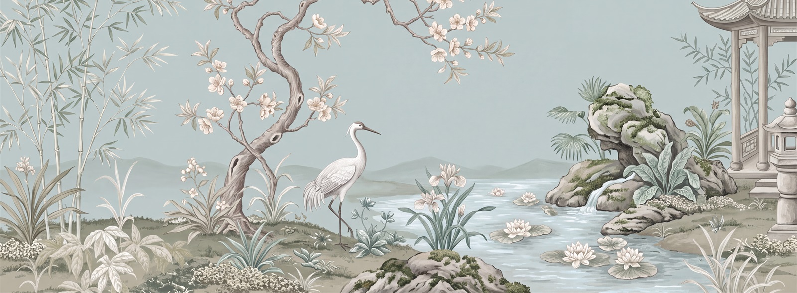 White Crane, Lotus Pond And Pagoda Wallpaper Mural — Wallpaper Mural Design, Peel-and-stick Finish