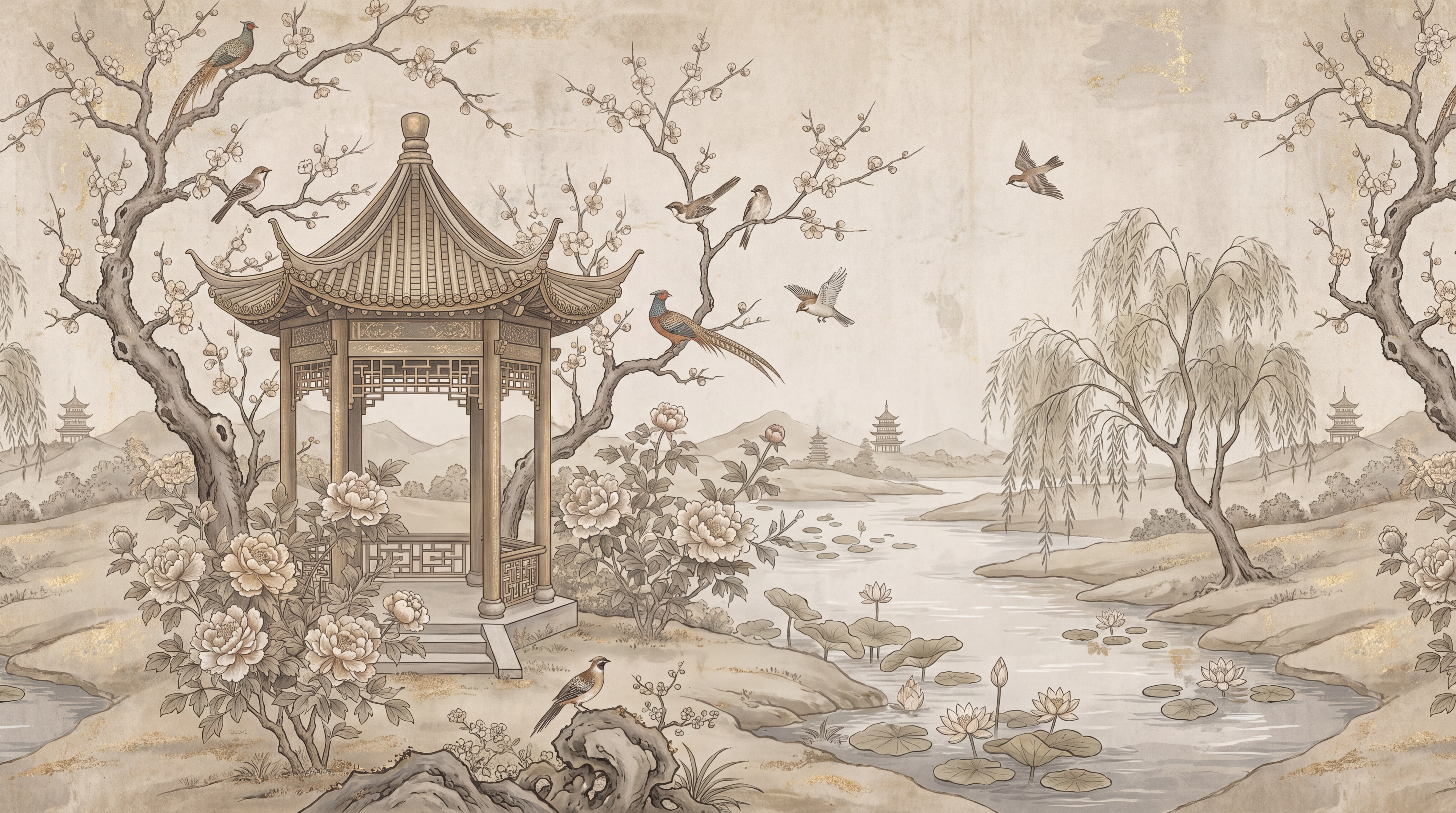 Neutral A Painterly Scenic View Organic Wallpaper Mural, Peel-and-stick Finish