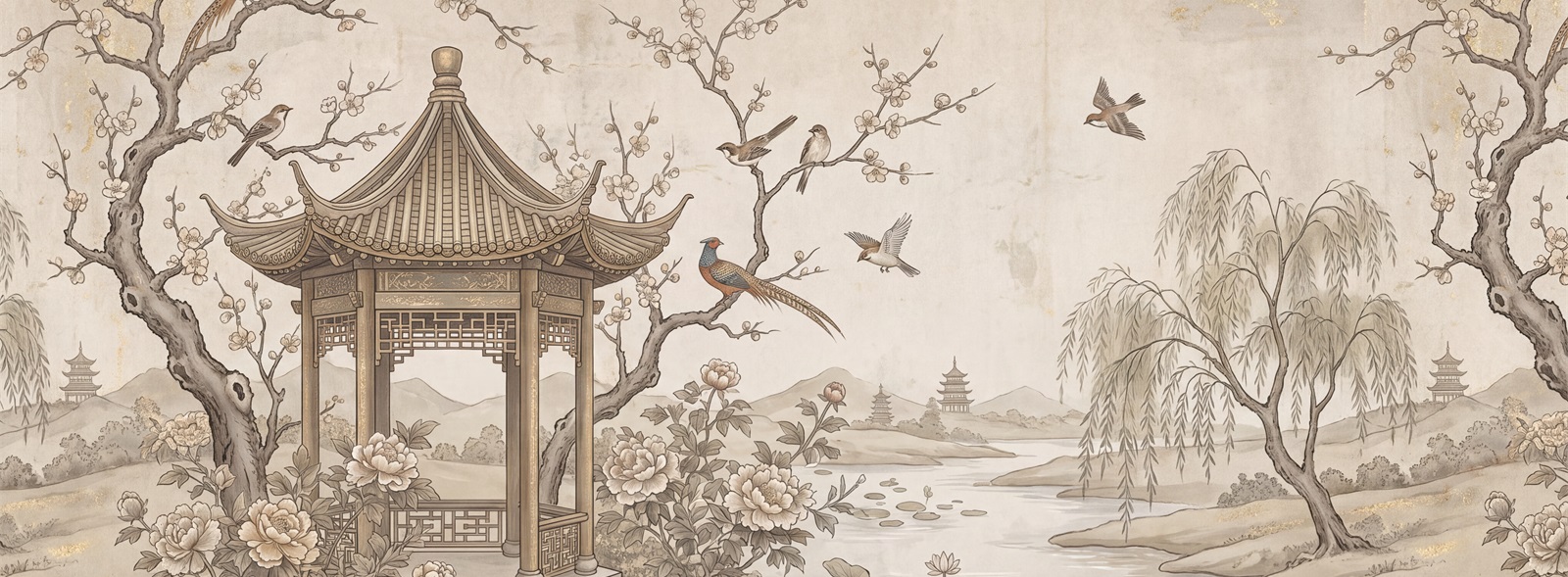 Neutral A Painterly Scenic View Organic Wallpaper Mural Feature-wall-wallpaper-murals, Peel-and-stick Finish