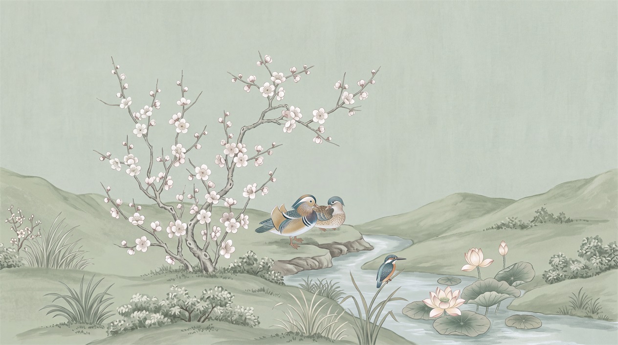 Sage Green Bird Forms Wallpaper Mural Accent-wall-wallpaper-murals, Peel-and-stick Finish