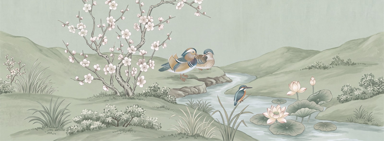 Mandarin Ducks And Plum Blossoms By A Sage Green Pond Wallpaper Mural — Wallpaper Mural Design, Peel-and-stick Finish