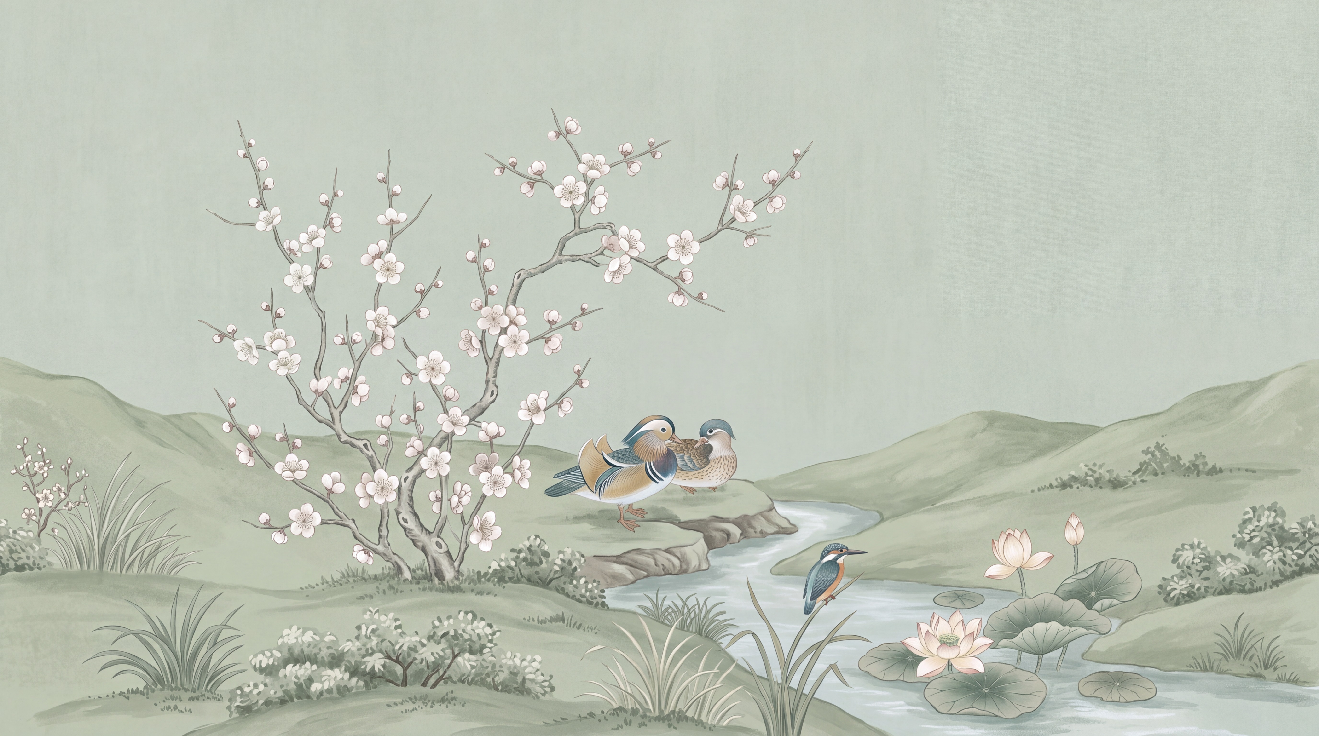 Sage Green Bird Forms Wallpaper Mural Accent-wall-wallpaper-murals, Peel-and-stick Finish