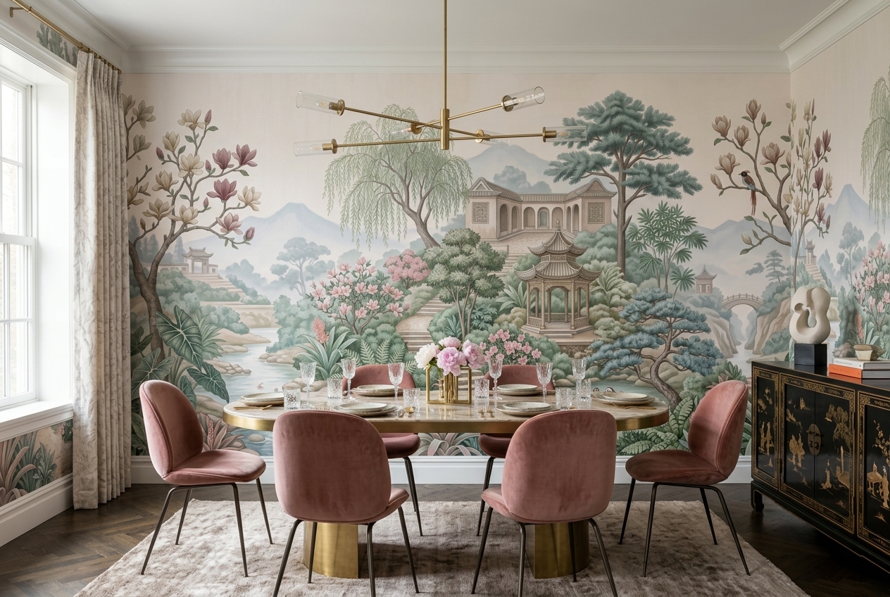 Soft Pastel And Neutral Abstract Forms Wallpaper Layered Dining-room-wallpaper-murals, Peel-and-stick Finish