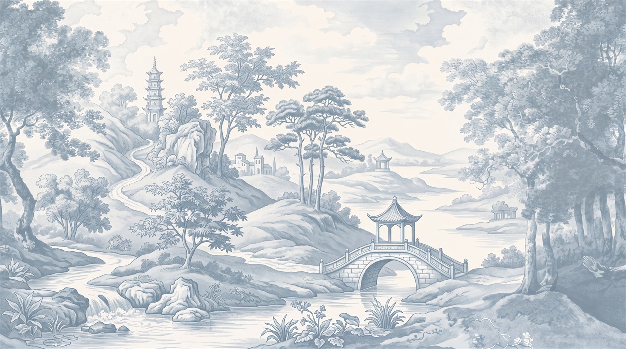 Red And Blue Decorative Patterning Toile Wallpaper Mural Accent-wall-wallpaper-murals, Peel-and-stick Finish