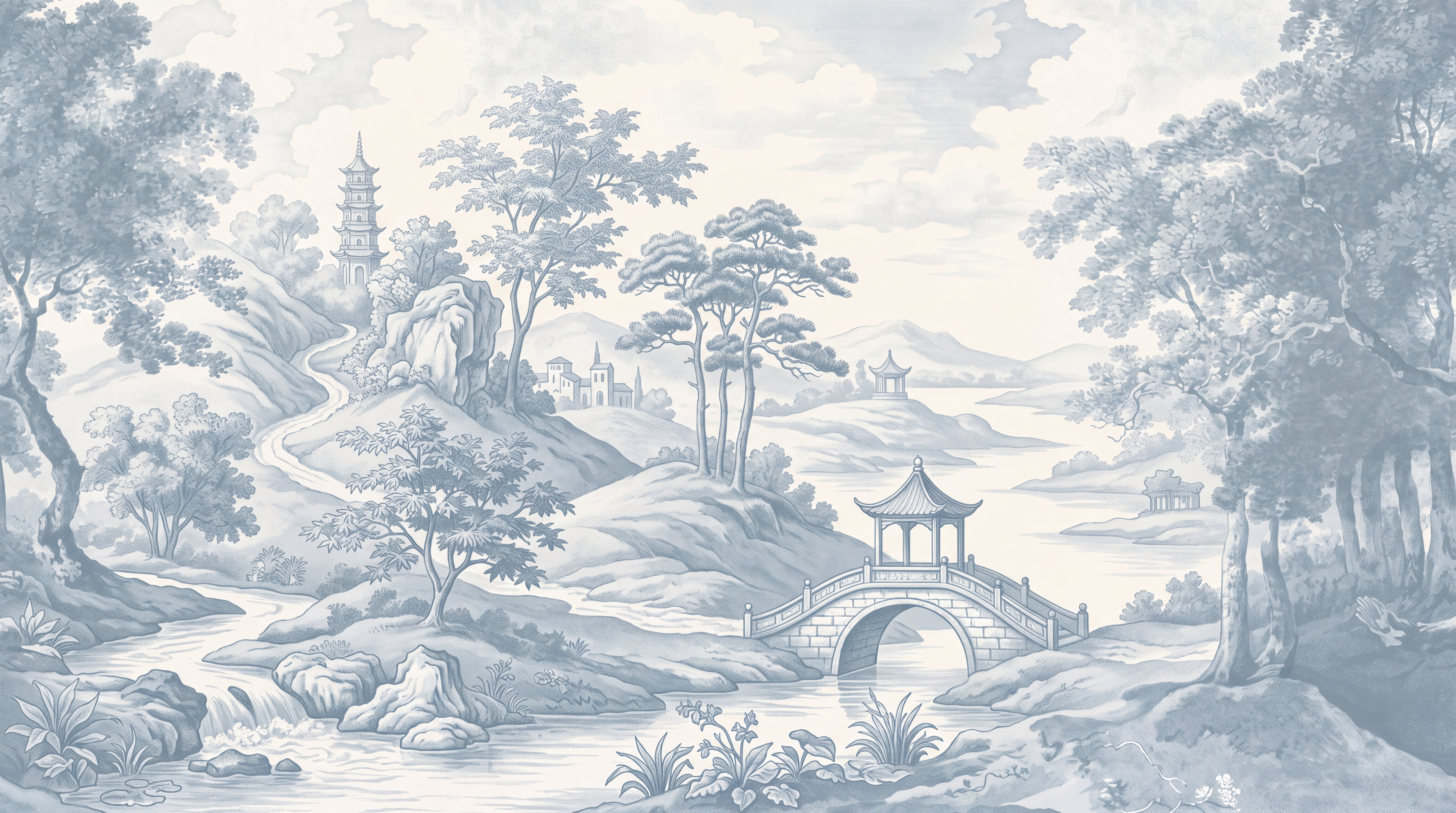 Red And Blue Decorative Patterning Toile Wallpaper Mural Accent-wall-wallpaper-murals, Peel-and-stick Finish