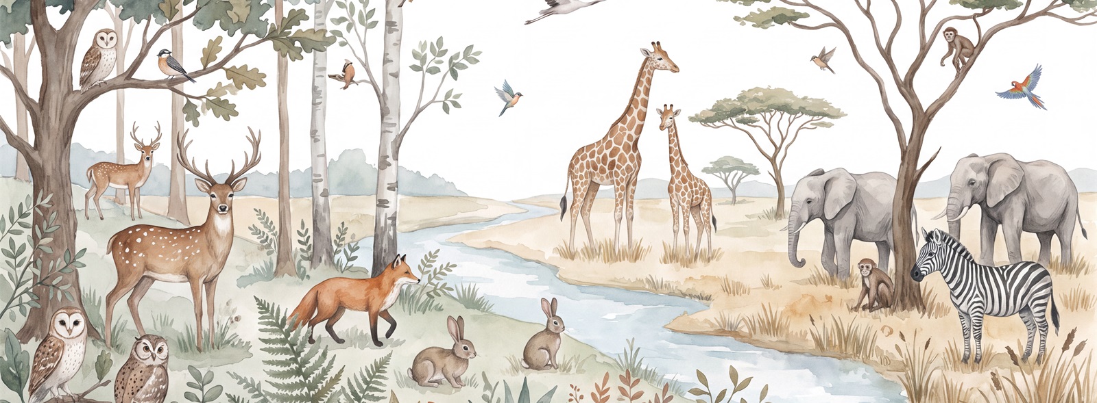 Woodland And Safari Animals River Wallpaper Mural — Wallpaper Mural Design, Peel-and-stick Finish