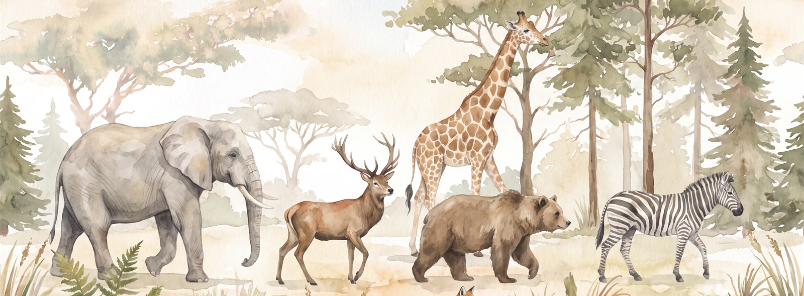 Woodland Safari Animals Wallpaper Mural — Wallpaper Mural Design, Peel-and-stick Finish