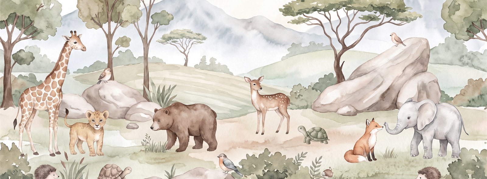 Sage Green Animal Forms Wallpaper Mural Accent-wall-wallpaper-murals, Shown In A Nursery, Peel-and-stick Finish