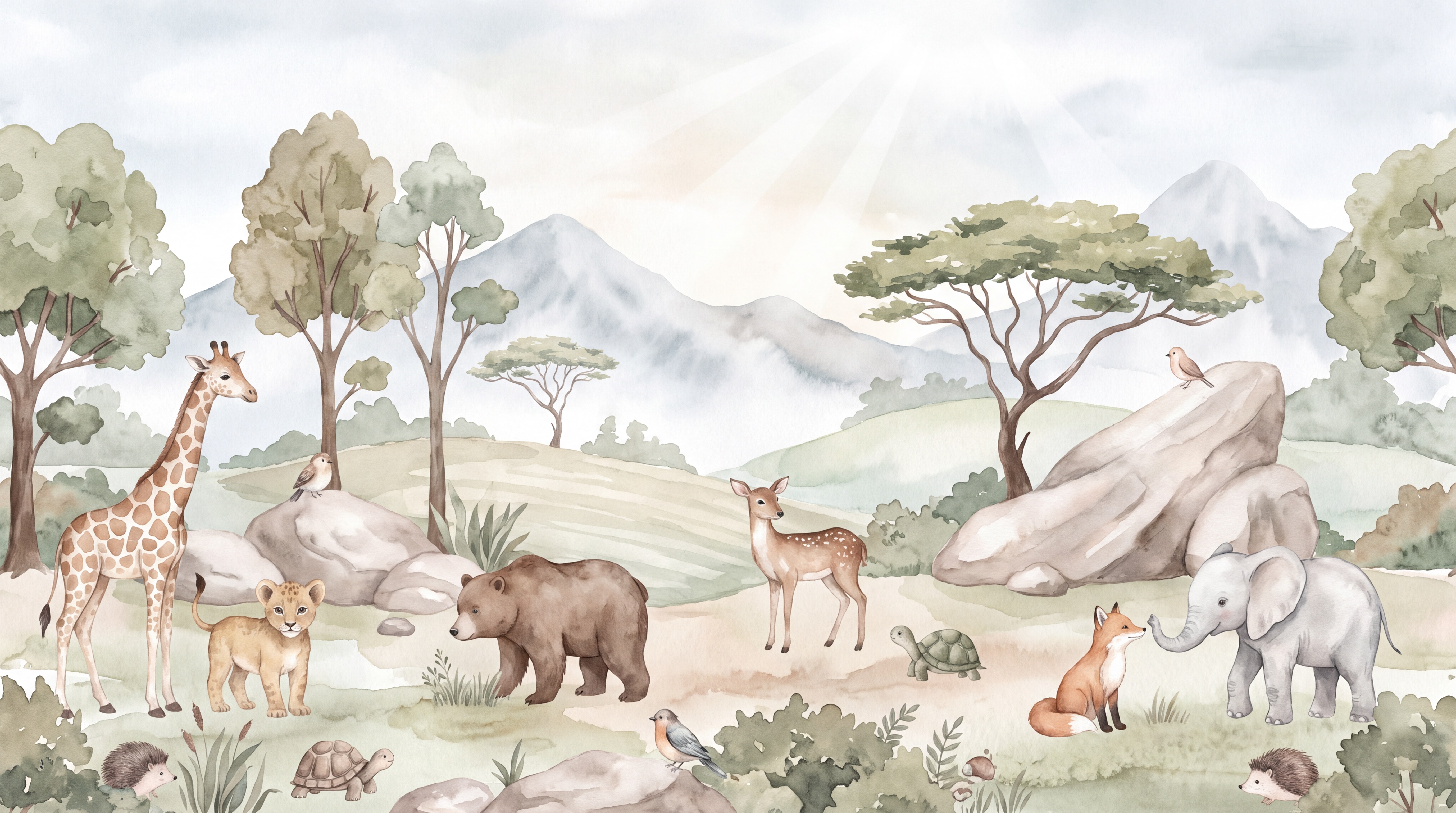 Sage Green Animal Forms Wallpaper Mural, Shown In A Nursery, Peel-and-stick Finish