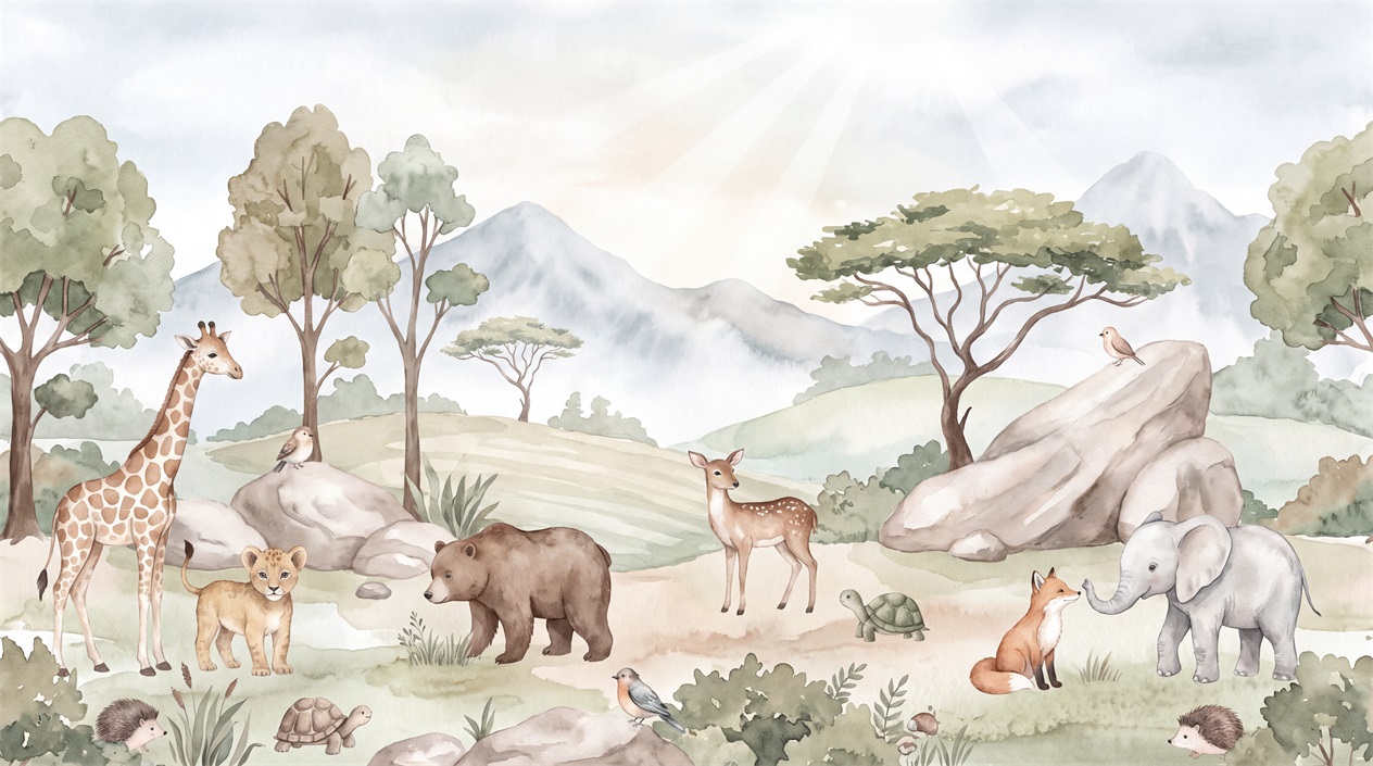 Sage Green Animal Forms Wallpaper Mural Accent-wall-wallpaper-murals, Shown In A Nursery, Peel-and-stick Finish