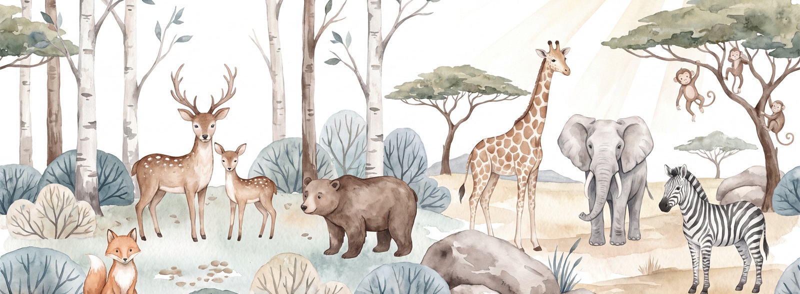 Woodland Animals Beneath Snowy Trees Wallpaper Mural — Wallpaper Mural Design, Peel-and-stick Finish
