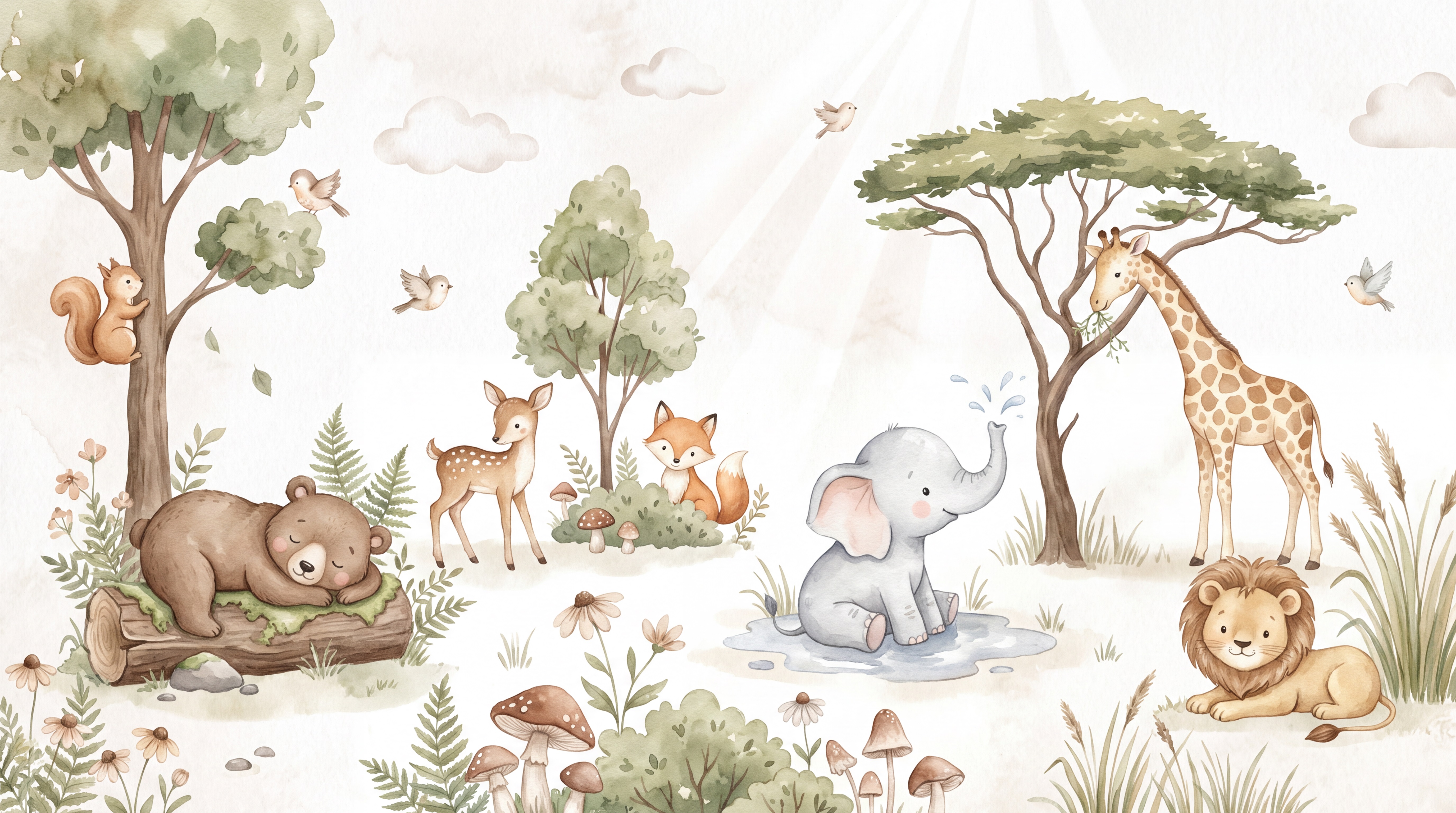 Sage Green Animal Forms Decorative Wallpaper Mural, Shown In A Nursery, Peel-and-stick Finish
